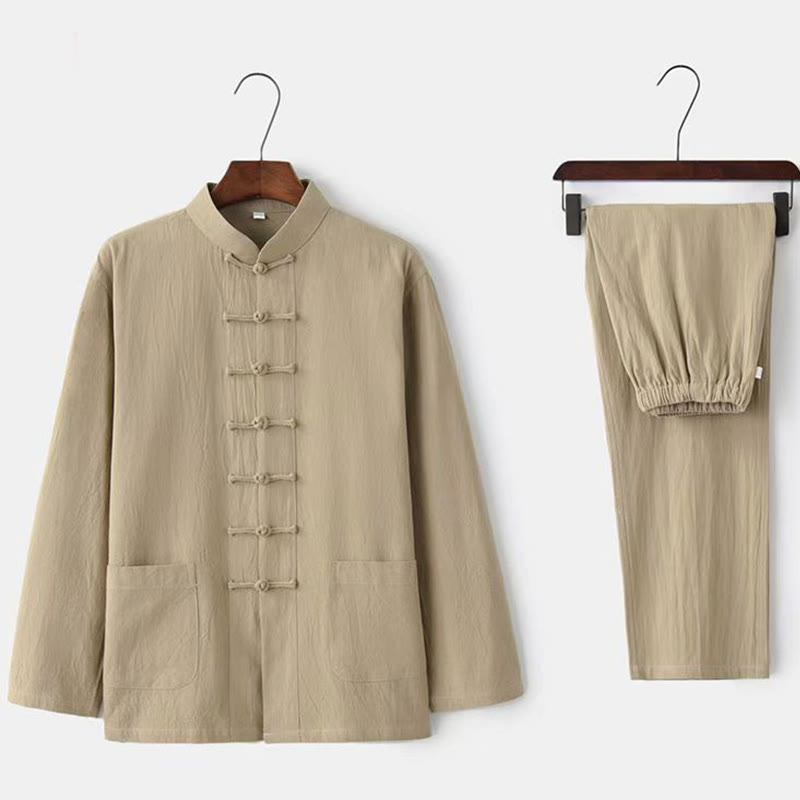 Completo da uomo in stile Tang con bottoni a rana Buddha Stones , composto da camicia a maniche lunghe e pantaloni, set completo da 2 pezzi. - Beige - US/UK/AU44，EU54 (5XL) - image 0
