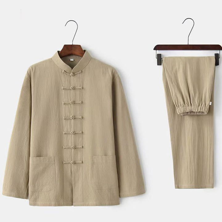 Completo da uomo in stile Tang con bottoni a rana Buddha Stones , composto da camicia a maniche lunghe e pantaloni, set completo da 2 pezzi. - Beige - US/UK/AU44，EU54 (5XL) - image 0