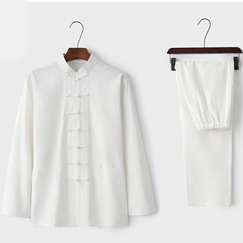 Set da uomo con camicia a maniche lunghe e pantaloni, completo da uomo, in 2 pezzi, con Buddha Stones bottoni tradizionali. - Bianco - US/UK/AU44, EU54 (5XL) - image 1