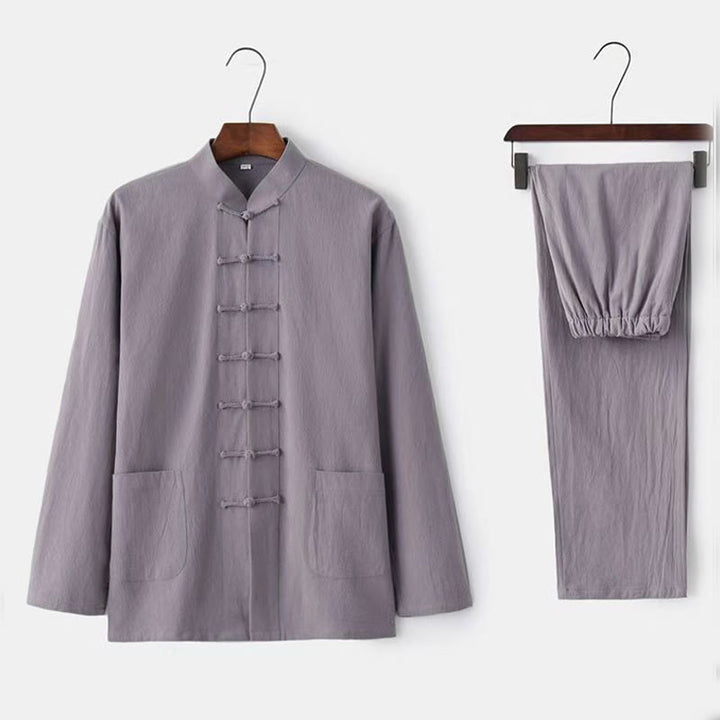 Buddha Stones 2 pezzi Tang Suit tradizionale rana-bottone uniforme manica lunga camicia pantaloni set da uomo