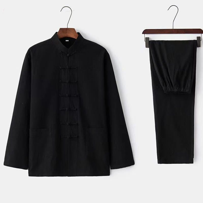 Buddha Stones 2 pezzi Tang Suit tradizionale rana-bottone uniforme manica lunga camicia pantaloni set da uomo - Nero - US/UK/AU46, EU56 (5XL) - image 5