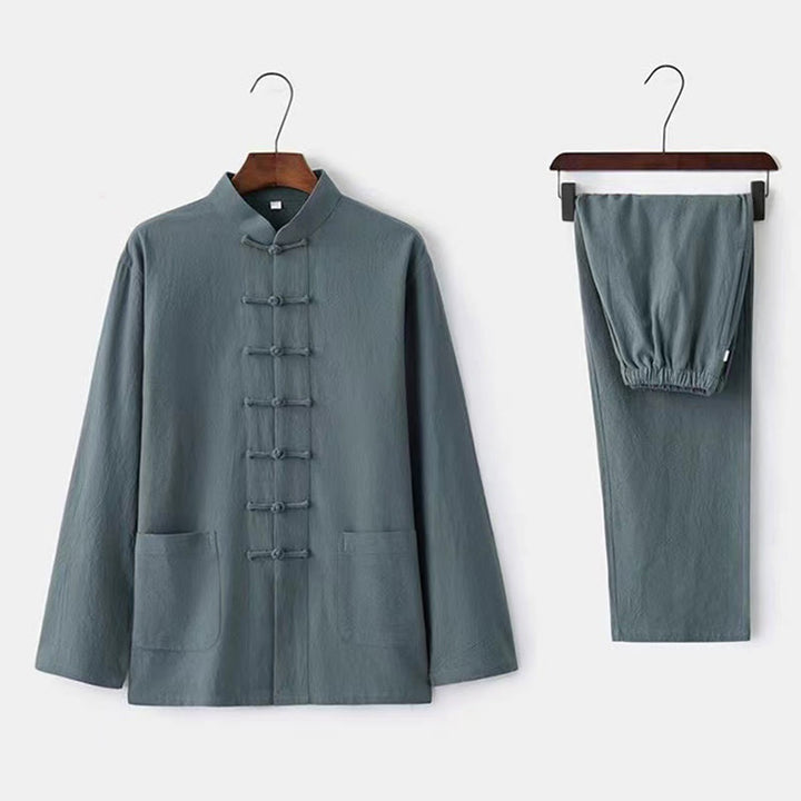 Buddha Stones 2 pezzi Tang Suit tradizionale rana-bottone uniforme manica lunga camicia pantaloni set da uomo