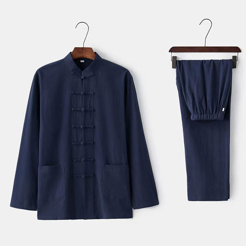 Buddha Stones 2 pezzi Tang Suit tradizionale rana-bottone uniforme manica lunga camicia pantaloni set da uomo