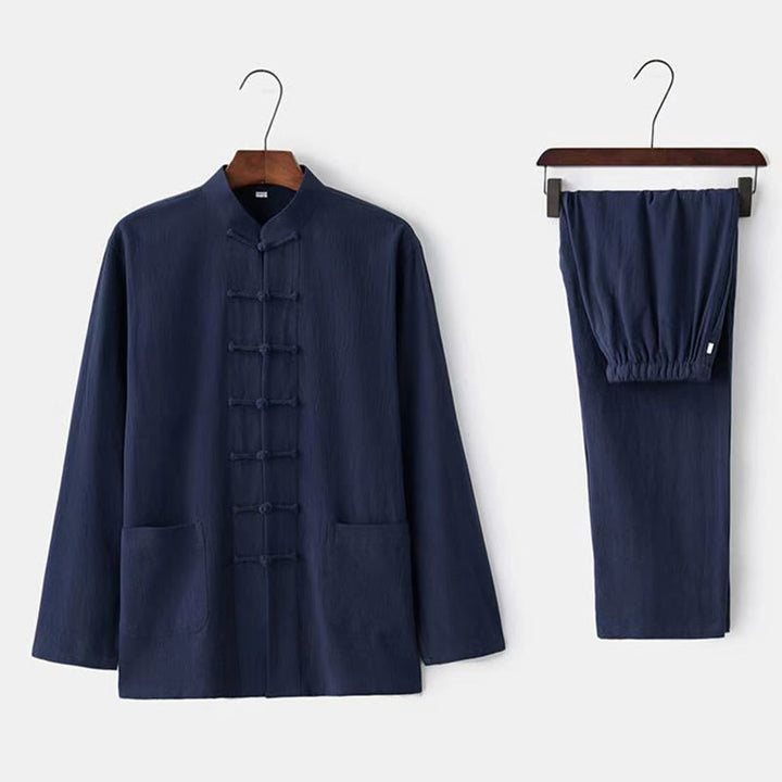 Buddha Stones 2 pezzi Tang Suit tradizionale rana-bottone uniforme manica lunga camicia pantaloni set da uomo - Marina - US/UK/AU46, EU56 (5XL) - image 13