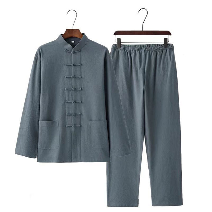 Buddha Stones 2 pezzi Tang Suit tradizionale rana-bottone uniforme manica lunga camicia pantaloni set da uomo