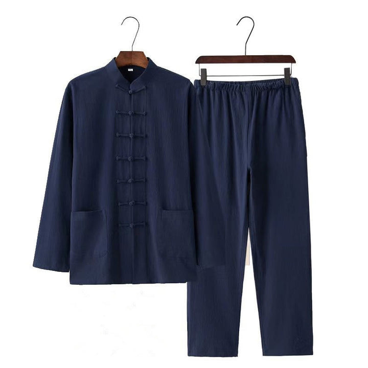 Buddha Stones 2 pezzi Tang Suit tradizionale rana-bottone uniforme manica lunga camicia pantaloni set da uomo