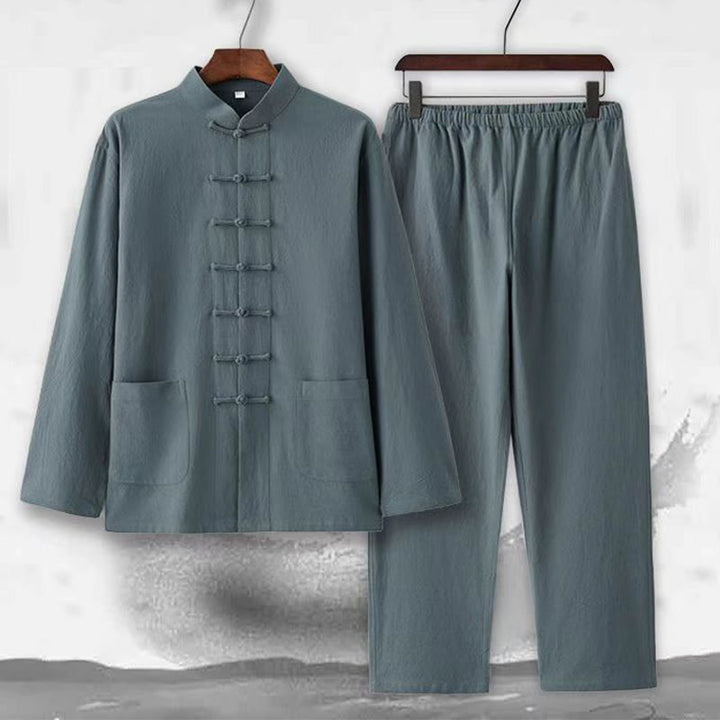 Buddha Stones 2 pezzi Tang Suit tradizionale rana-bottone uniforme manica lunga camicia pantaloni set da uomo