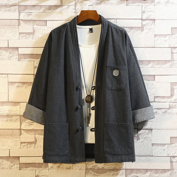 Buddha Stones Uomo Frog-Bottone Tang Suit Tre Quarti Manica Giacca Camicia Con Tasche