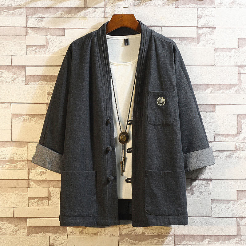 Buddha Stones Uomo Frog-Bottone Tang Suit Tre Quarti Manica Giacca Camicia Con Tasche - Nero - US/UK/AU46, EU56 (5XL) - image 0