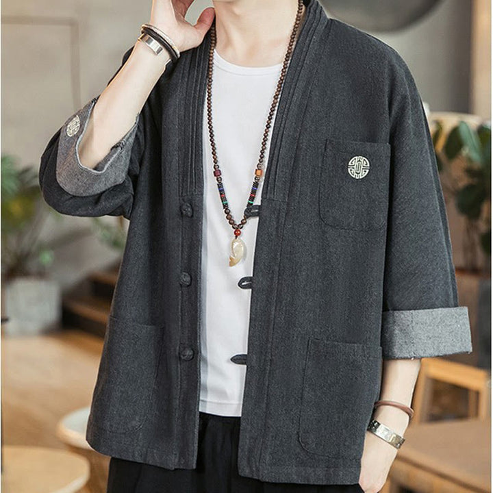 Buddha Stones Uomo Frog-Bottone Tang Suit Tre Quarti Manica Giacca Camicia Con Tasche