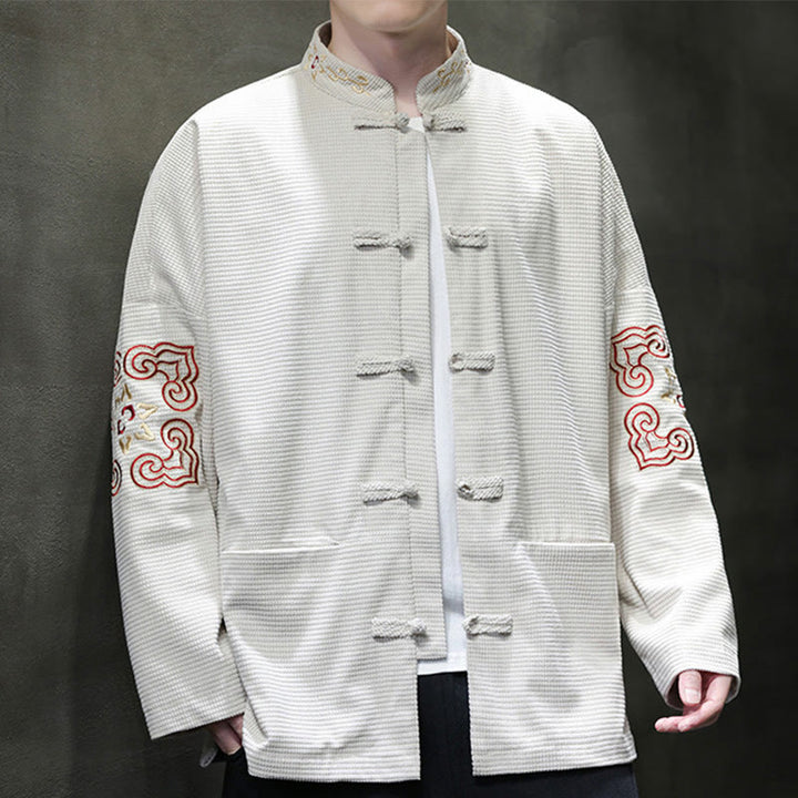 Buddha Stones Uomo Rana-Bottone Tang Suit Velluto a Coste Cotone Ricamato Giacca Lunga Camicia Con Tasche