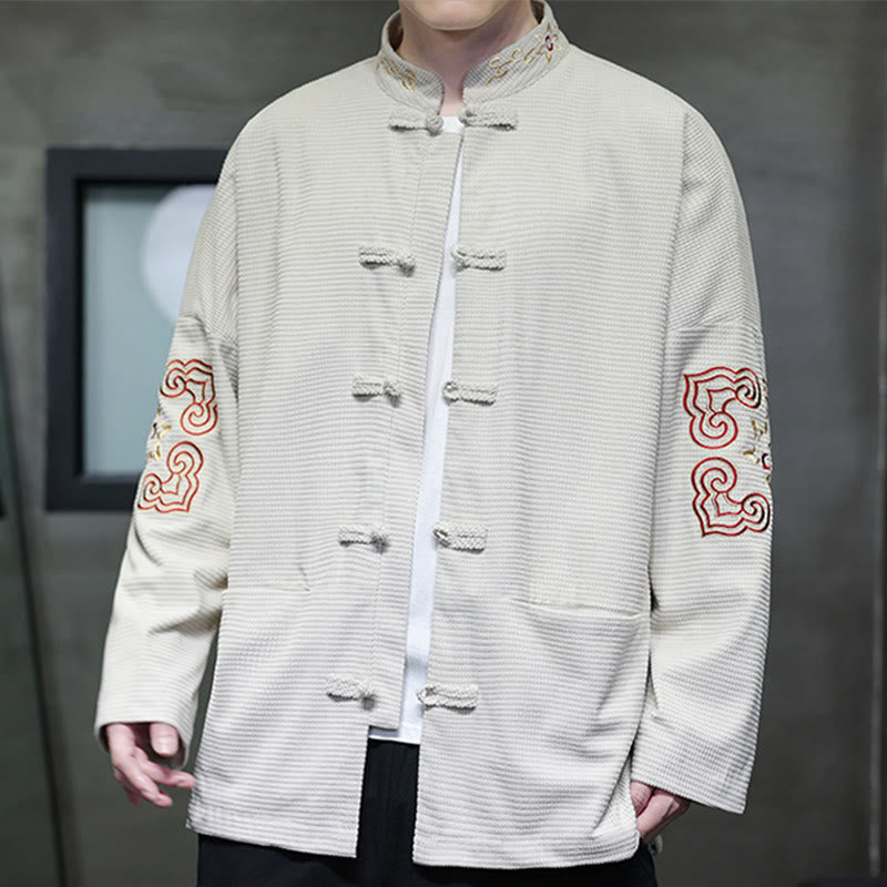 Buddha Stones Uomo Rana-Bottone Tang Suit Velluto a Coste Cotone Ricamato Giacca Lunga Camicia Con Tasche