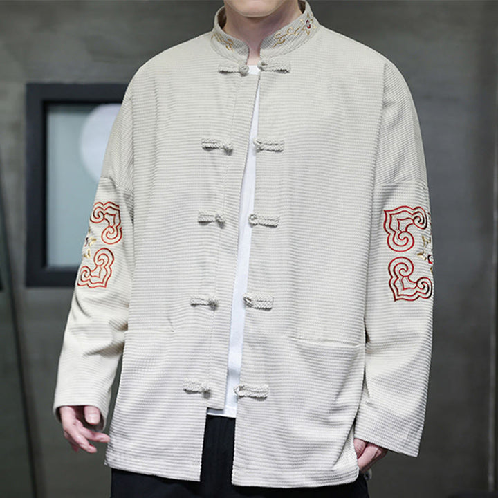 Buddha Stones Uomo Rana-Bottone Tang Suit Velluto a Coste Cotone Ricamato Giacca Lunga Camicia Con Tasche