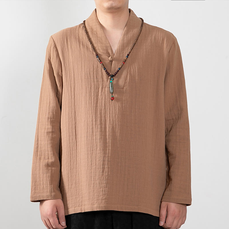 Buddha Stones Fall Simple V-Neck Manica Lunga T-Shirt Cotone Abbigliamento Uomo - SandyBrown - US/UK/AU44, EU54 (4XL) - image 0