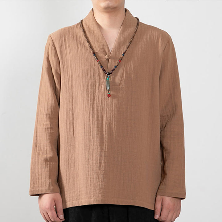 Buddha Stones Fall Simple V-Neck Manica Lunga T-Shirt Cotone Abbigliamento Uomo - SandyBrown - US/UK/AU44, EU54 (4XL) - image 0