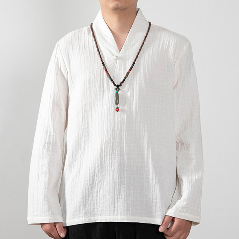 Buddha Stones Fall Simple V-Neck Manica Lunga T-Shirt Cotone Abbigliamento Uomo
