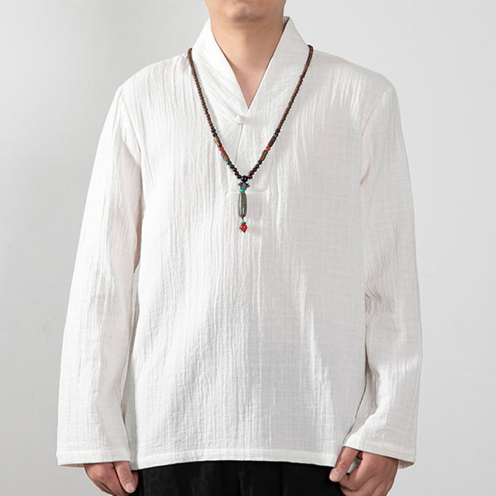 Buddha Stones Fall Simple V-Neck Manica Lunga T-Shirt Cotone Abbigliamento Uomo