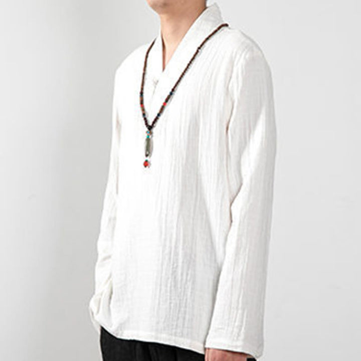 Buddha Stones Fall Simple V-Neck Manica Lunga T-Shirt Cotone Abbigliamento Uomo