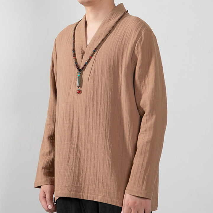 Buddha Stones Fall Simple V-Neck Manica Lunga T-Shirt Cotone Abbigliamento Uomo