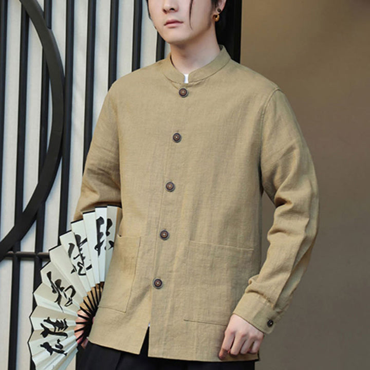 Giacca camicia foderata in pile di cotone e lino ramiè con bottoni da uomo Buddha Stones con tasche
