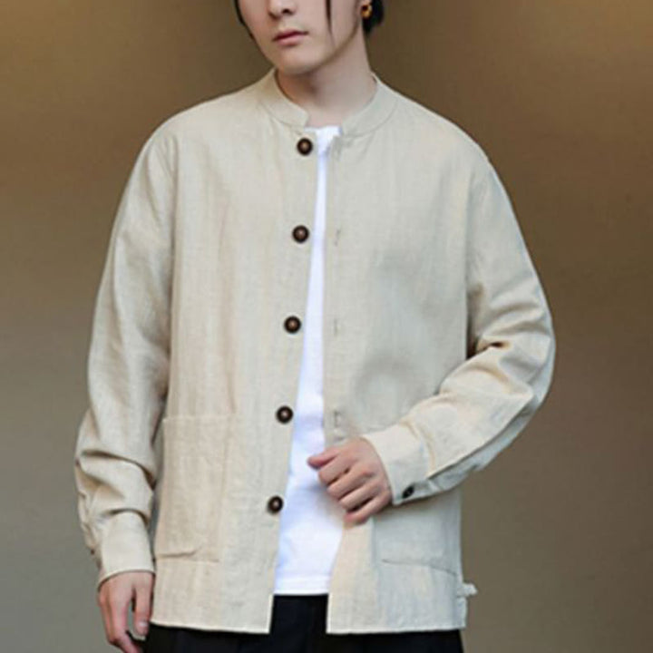 Giacca camicia foderata in pile di cotone e lino ramiè con bottoni da uomo Buddha Stones con tasche