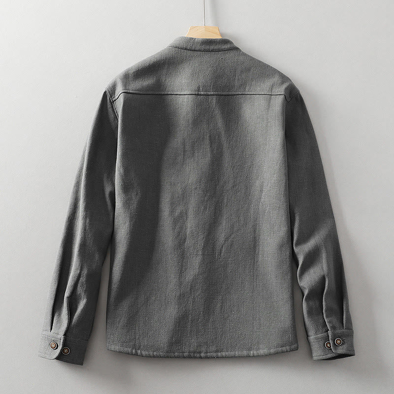 Giacca camicia foderata in pile di cotone e lino ramiè con bottoni da uomo Buddha Stones con tasche