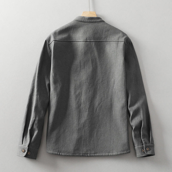 Giacca camicia foderata in pile di cotone e lino ramiè con bottoni da uomo Buddha Stones con tasche