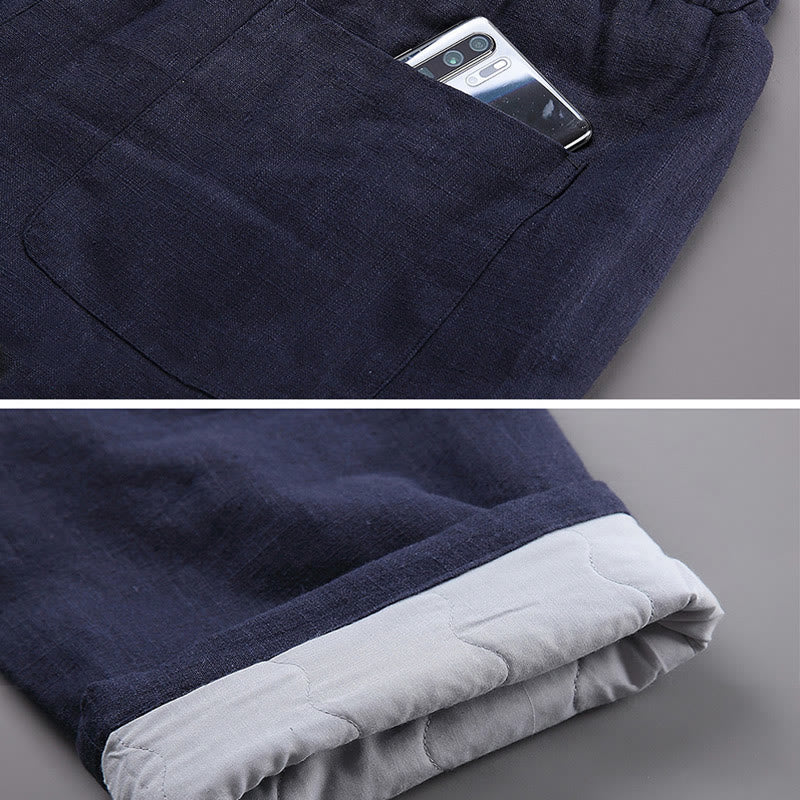 Pantaloni da uomo invernali in lino con coulisse e fodera in pile Buddha Stones con tasche - image 5