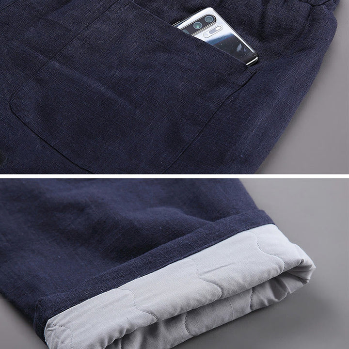 Pantaloni da uomo invernali in lino con coulisse e fodera in pile Buddha Stones con tasche - image 5