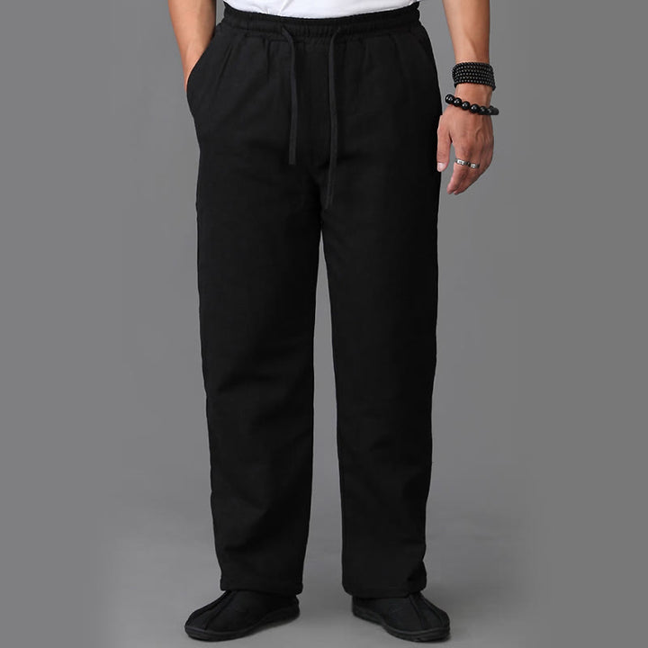 Pantaloni da uomo invernali in lino con coulisse e fodera in pile Buddha Stones con tasche