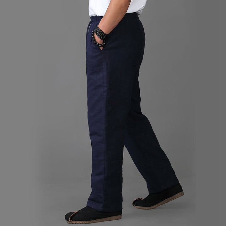 Pantaloni da uomo invernali in lino con coulisse e fodera in pile Buddha Stones con tasche