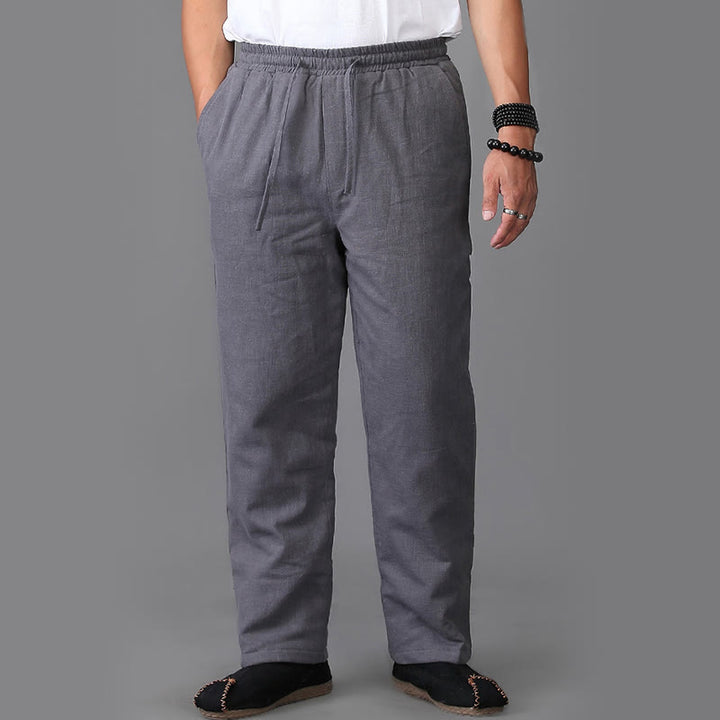 Pantaloni da uomo invernali in lino con coulisse e fodera in pile Buddha Stones con tasche