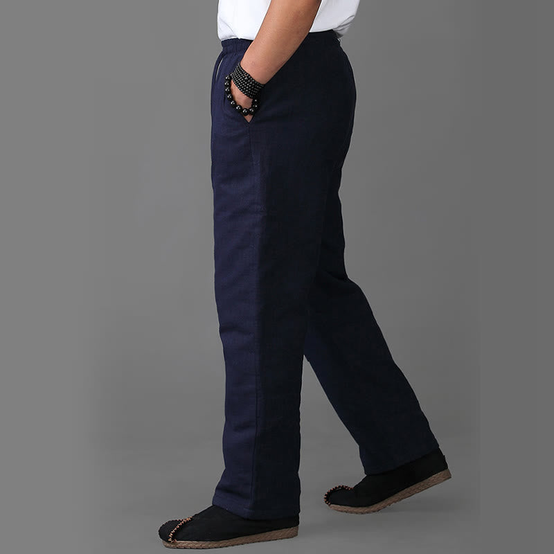 Pantaloni da uomo invernali in lino con coulisse e fodera in pile Buddha Stones con tasche - image 3