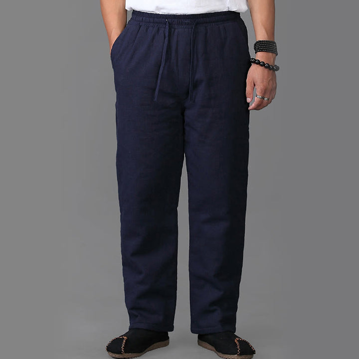 Pantaloni da uomo invernali in lino con coulisse e fodera in pile Buddha Stones con tasche