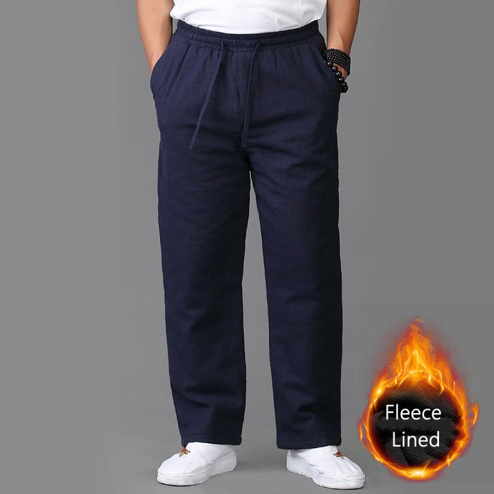 Pantaloni da uomo invernali in lino con coulisse e fodera in pile Buddha Stones con tasche