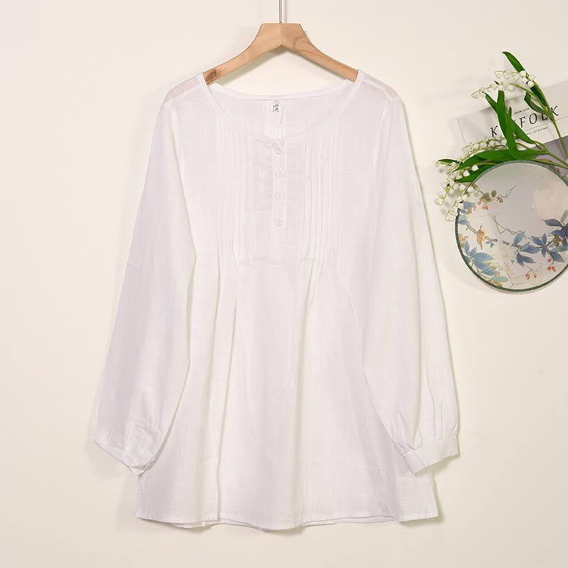 Camicia da donna in cotone e lino con scollo rotondo e maniche lunghe a pieghe casual con Buddha Stones - Bianco - US/UK/AU46, EU56 (5XL) - image 5