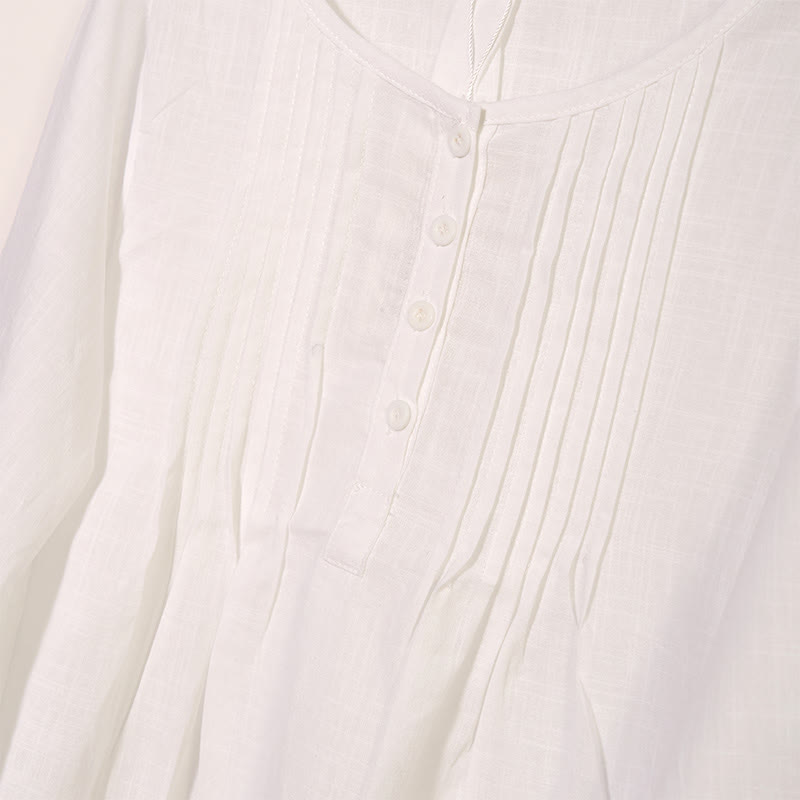 Camicia da donna in cotone e lino con scollo rotondo e maniche lunghe a pieghe casual con Buddha Stones - image 7