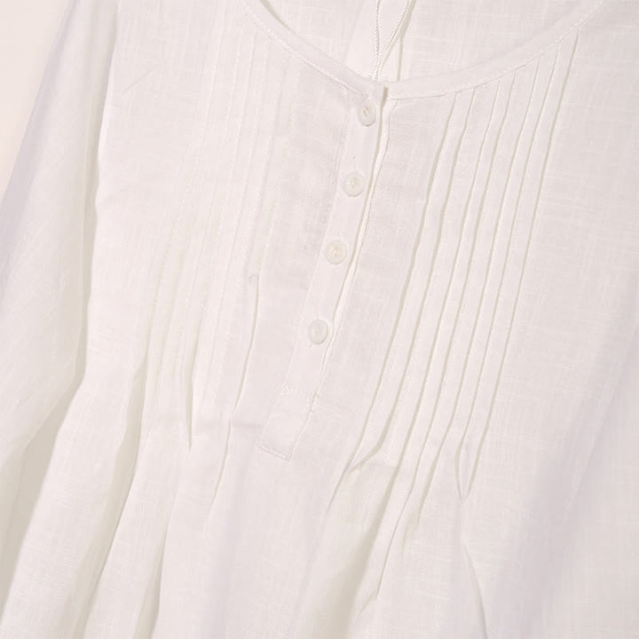 Camicia da donna in cotone e lino con scollo rotondo e maniche lunghe a pieghe casual con Buddha Stones - image 7