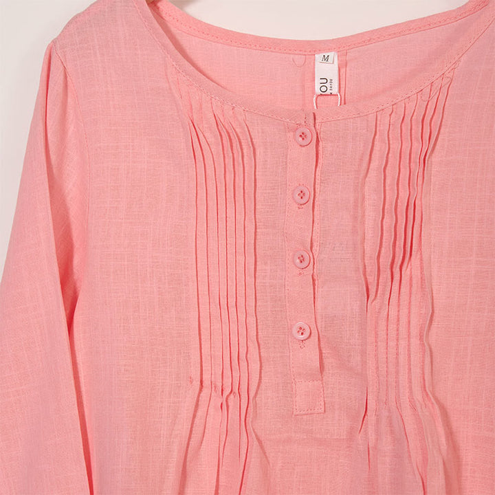Camicia da donna in cotone e lino con scollo rotondo e maniche lunghe a pieghe casual con Buddha Stones - image 10