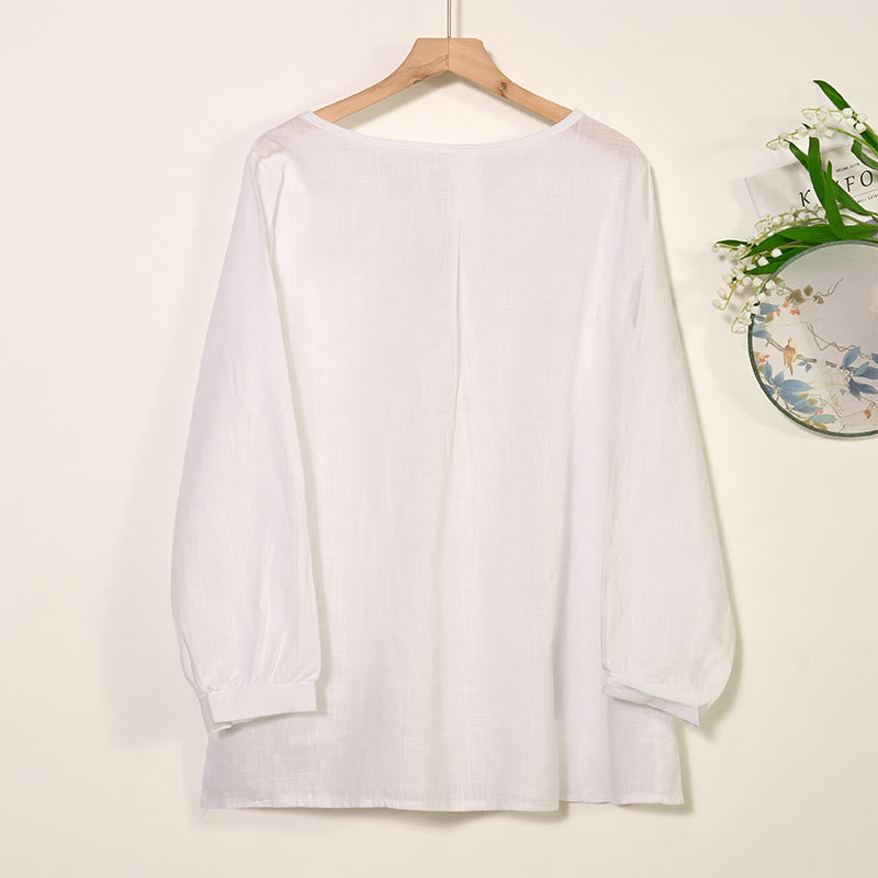 Camicia da donna in cotone e lino con scollo rotondo e maniche lunghe a pieghe casual con Buddha Stones - image 6