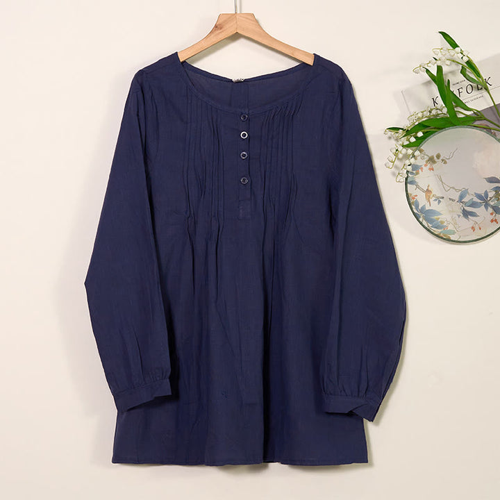 Camicia da donna in cotone e lino con scollo rotondo e maniche lunghe a pieghe casual con Buddha Stones - Blu mezzanotte - US/UK/AU46, EU56 (5XL) - image 12