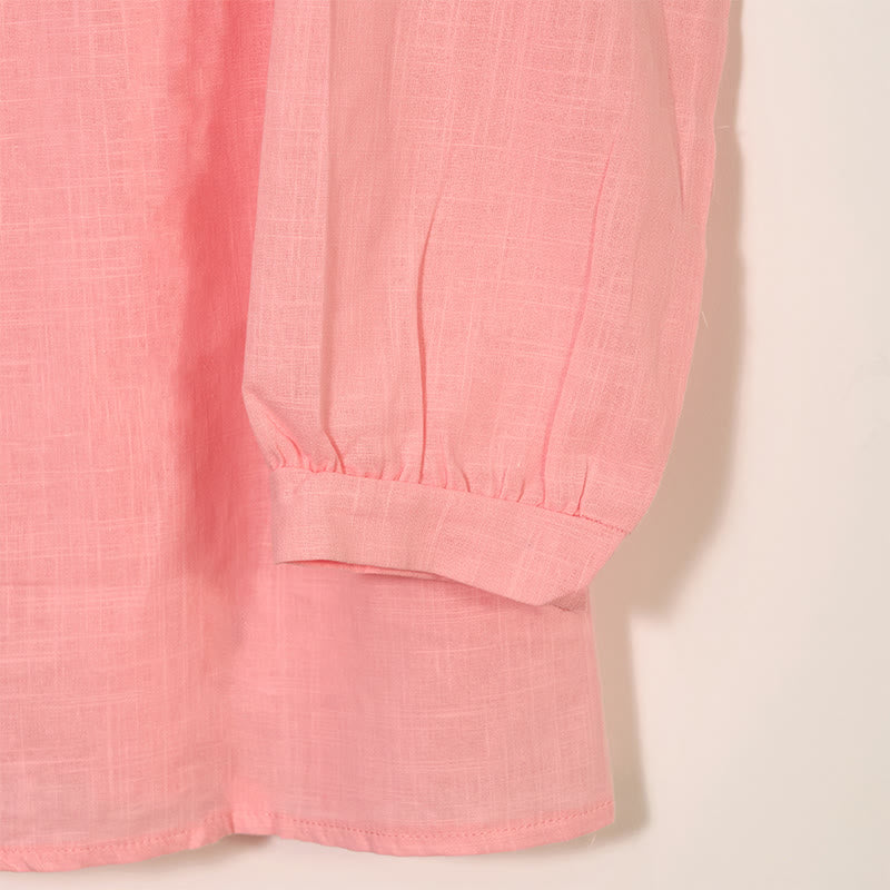 Camicia da donna in cotone e lino con scollo rotondo e maniche lunghe a pieghe casual con Buddha Stones - image 11