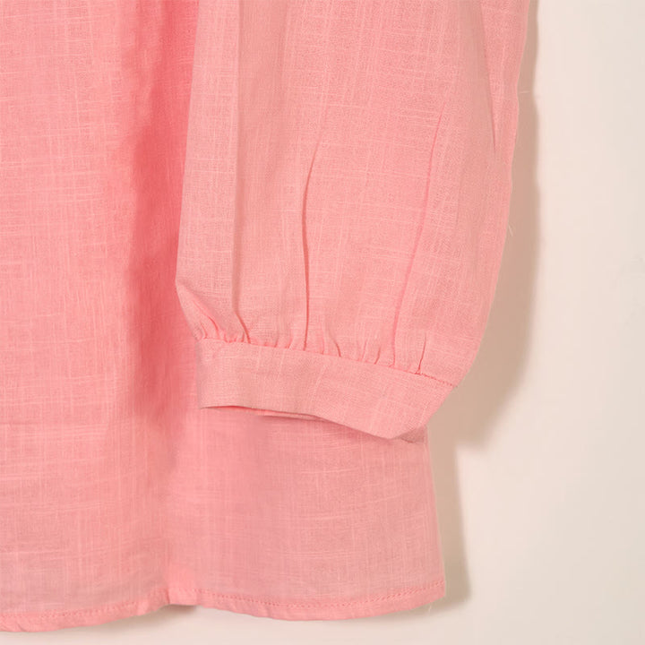 Camicia da donna in cotone e lino con scollo rotondo e maniche lunghe a pieghe casual con Buddha Stones - image 11