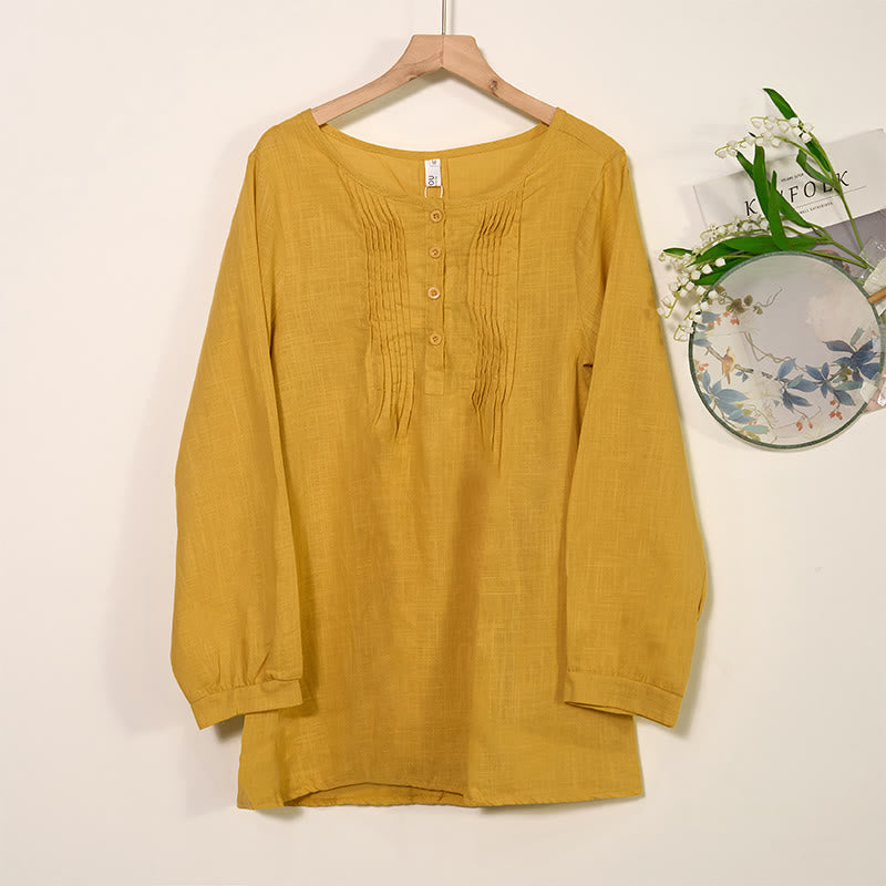 Camicia da donna in cotone e lino con scollo rotondo e maniche lunghe a pieghe casual con Buddha Stones - Verga d'oro - US/UK/AU46, EU56 (5XL) - image 0