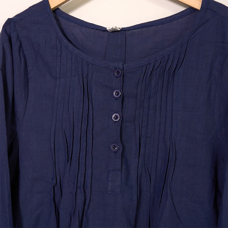 Camicia da donna in cotone e lino con scollo rotondo e maniche lunghe a pieghe casual con Buddha Stones - image 14
