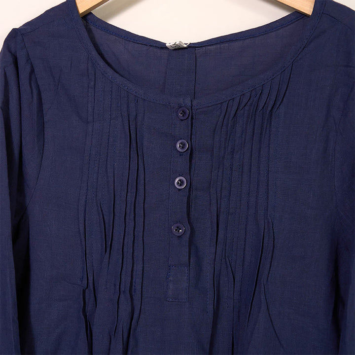 Camicia da donna in cotone e lino con scollo rotondo e maniche lunghe a pieghe casual con Buddha Stones - image 14