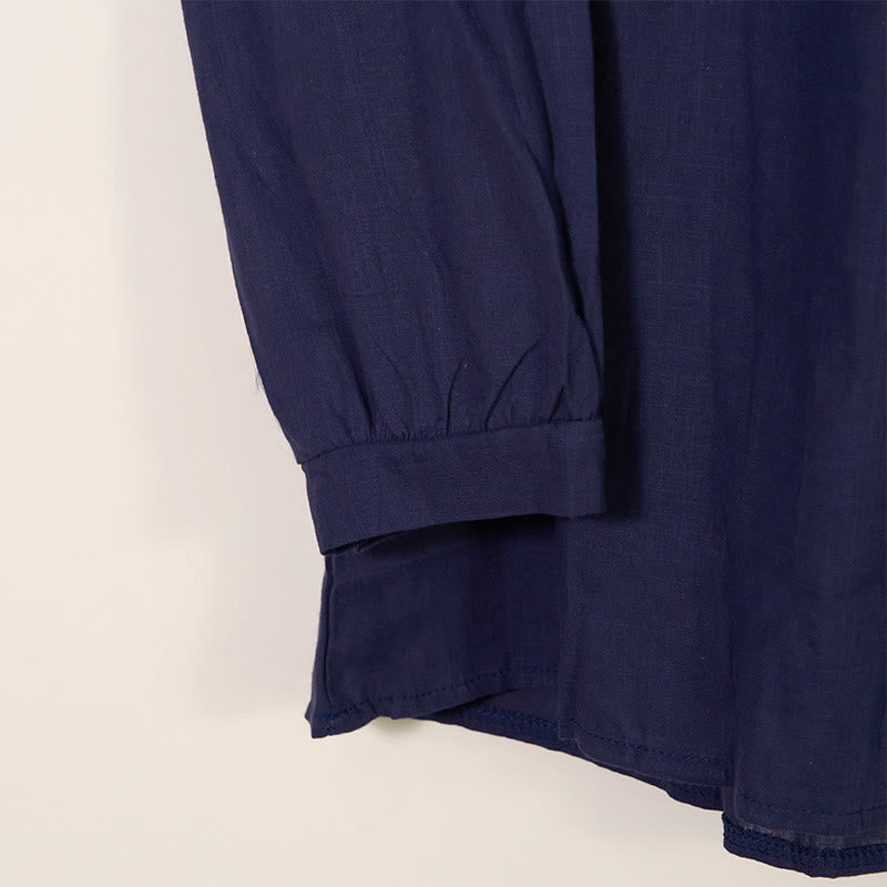 Camicia da donna in cotone e lino con scollo rotondo e maniche lunghe a pieghe casual con Buddha Stones - image 15