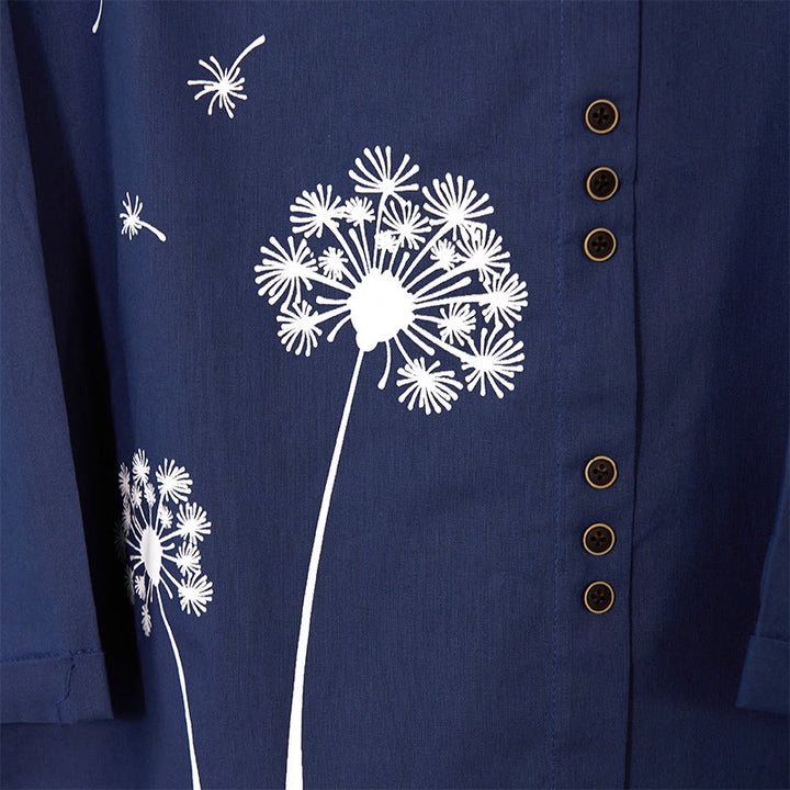 Buddha Stones Casual Dandelion Manica Lunga Girocollo Camicia Cotone Lino Camicie Donna - image 5