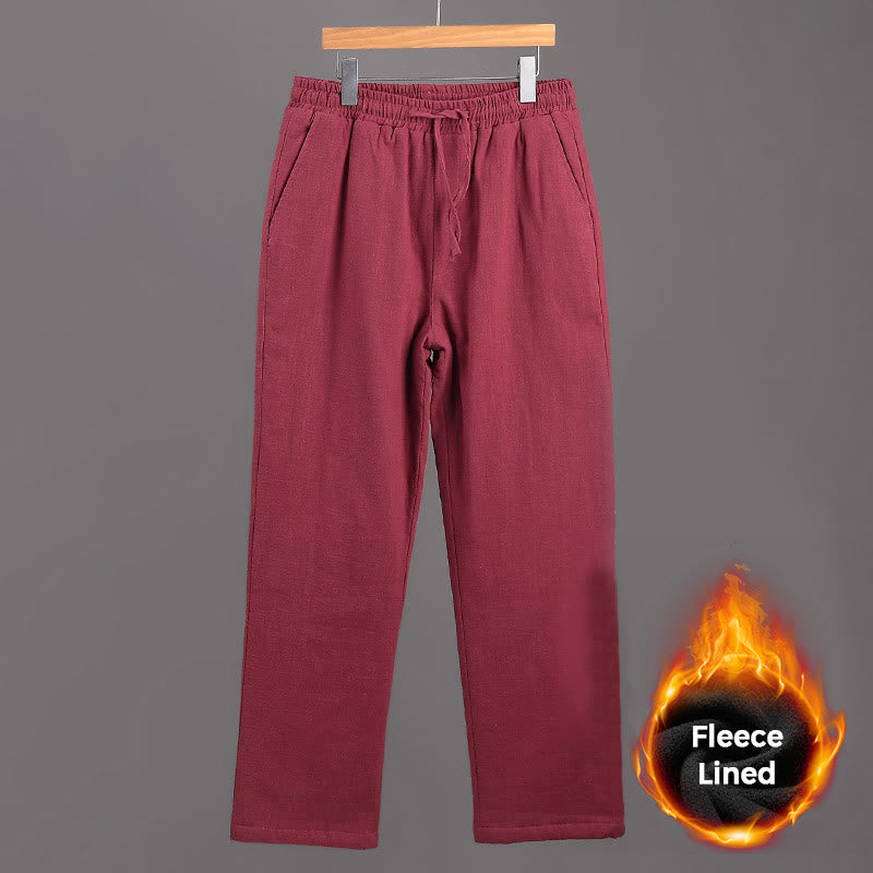 Pantaloni da uomo invernali in lino con coulisse e fodera in pile Buddha Stones con tasche