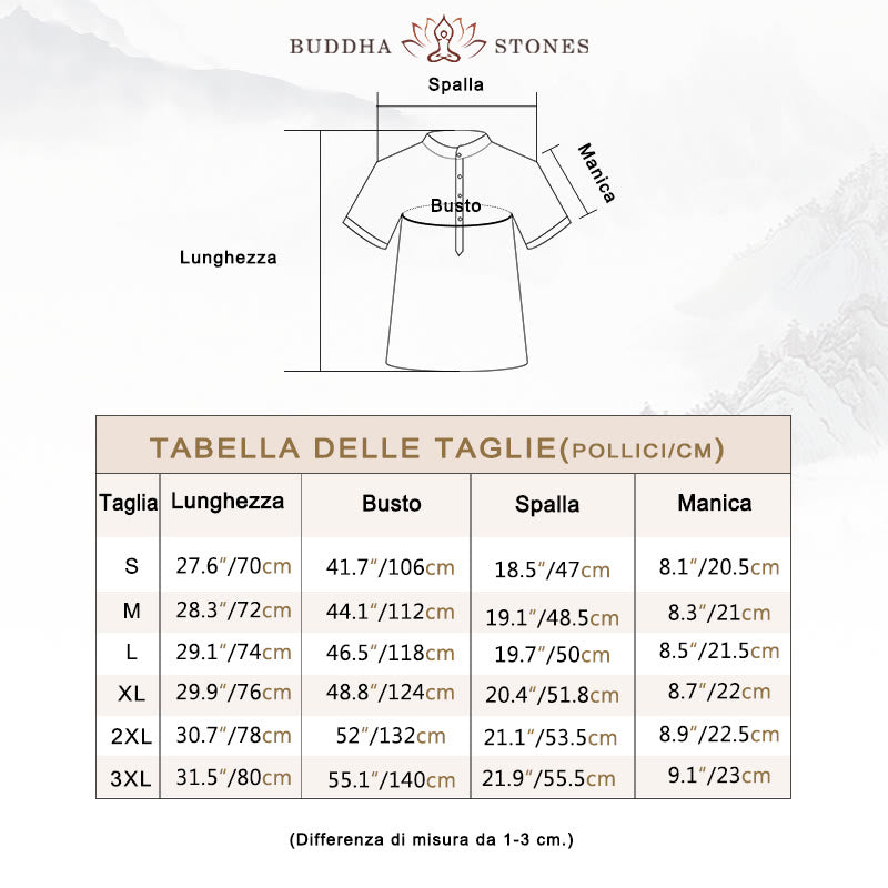 Camicia casual in cotone e lino con bottoni a maniche corte da uomo Buddha Stones